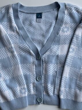 Old Navy Light Blue Plaid V-Neck Button Cardigan Sweater Set